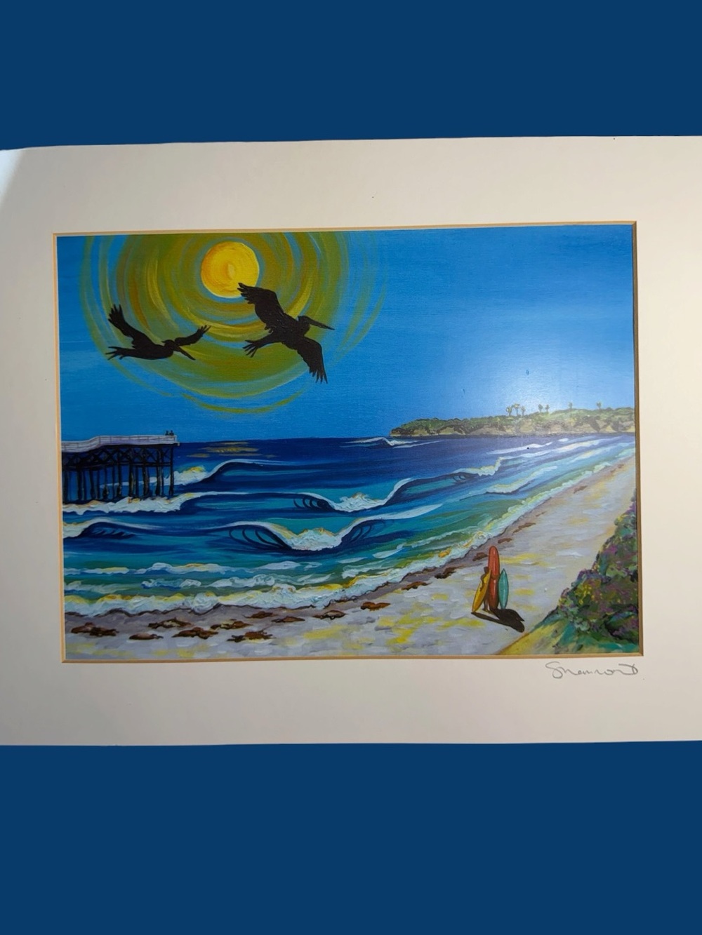 Coastal Surf Scene Wall Art Print in Blue and Yellow